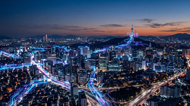 Smart City Digital Network Overlay Across Seoul Skyline at Night