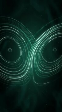 Lorenz Strange Attractor Butterfly Weaving Through 3D Phase Space seamless loop in bright emerald tones vertical 9:16