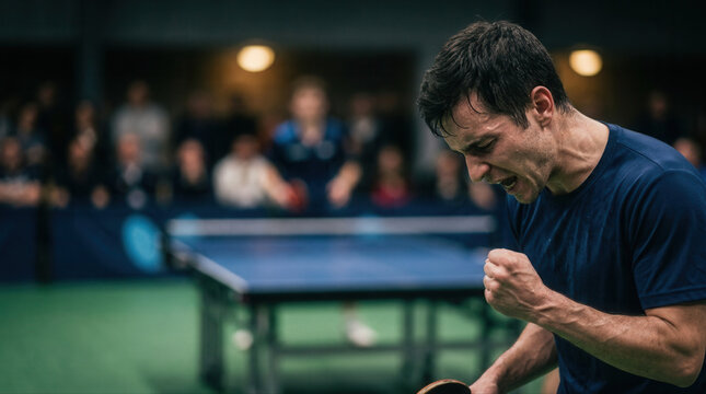 Excited table tennis player triumphs with a fist pump in a vibrant and competitive indoor match setting