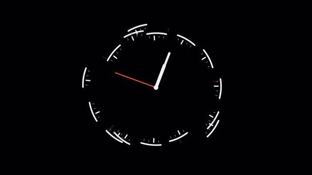 Fast analog clock breaks into radial fragments and reassembles