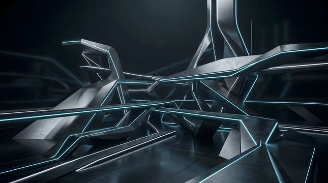 Abstract futuristic dark interior with metallic angular architecture and blue glowing lines.