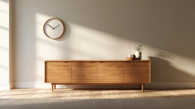 Wooden Sideboard in Minimalist Living Room with Wall Clock