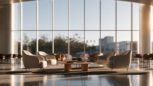 Modern Corporate Office Lobby with Armchairs and Large Windows