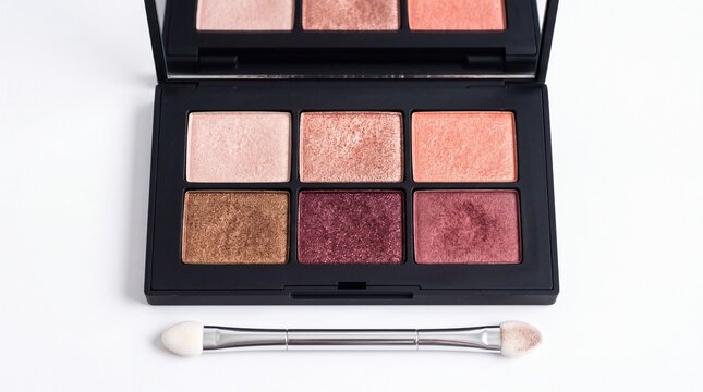Luxury eyeshadow makeup palette featuring vibrant shimmer shades and applicator brush displayed on white background