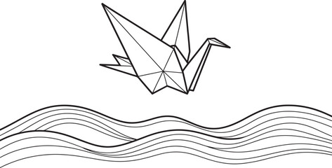Fototapeta premium A minimalist black and white line art illustration featuring a delicate paper origami crane hovering gracefully above stylized ocean waves