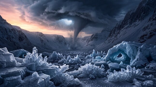 Massive Tornado Sweeping Across Frozen Arctic Glacial Landscape