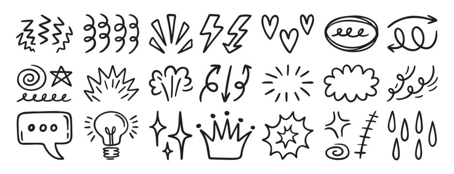Set of random doodle sketch elements, decorative hand drawn icons for creative design