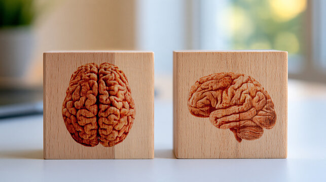 Wide horizontal composition of wooden blocks representing a fully charged brain battery on one side and a nearly empty brain battery on the other, clear visual contrast between high mental energy an