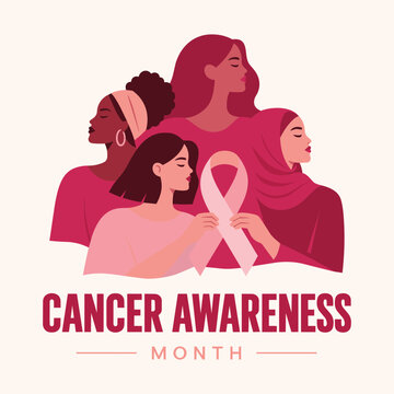 Cancer awareness month illustration with diverse women holding a pink ribbon.