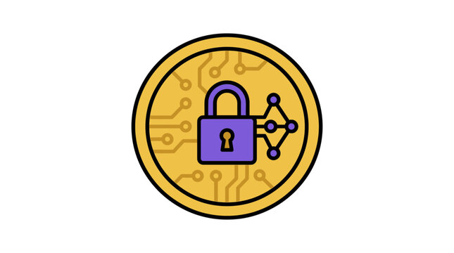 Gold crypto coin icon with circuit and padlock.