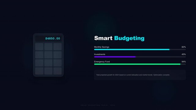 Sleek digital dashboard with neon progress bars and calculator icon, representing smart budgeting and personal finance tracking for financial app design and wealth management.