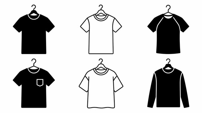 Six t shirts on hangers are displayed as black and white vector illustrations against a white background