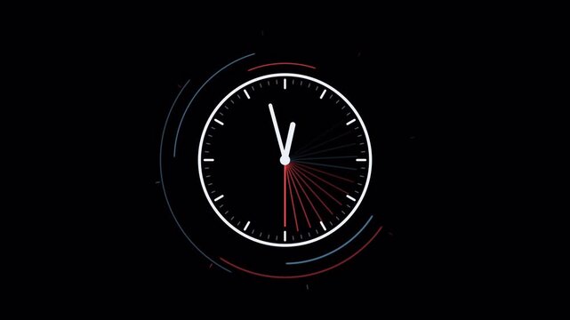 Fast analog clock with swirling arcs and expanding pulse rings