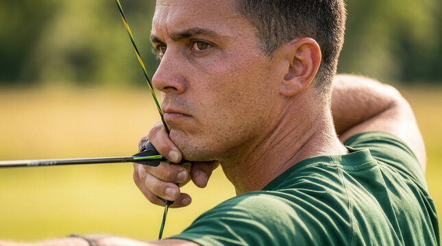 Concentrated archer taking aim at a target in an open field under clear blue skies