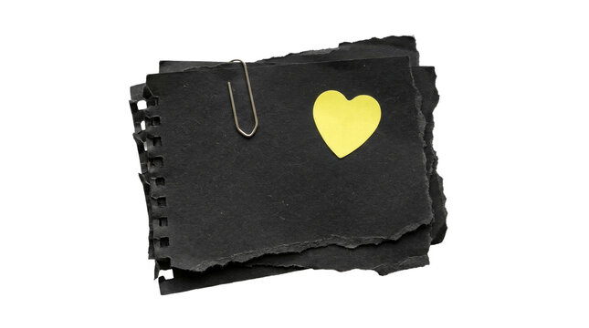 Torn black notebook paper with metal paperclip and yellow heart note isolated on transparent background