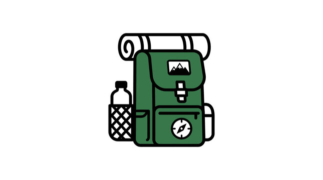 Green hiking backpack with bedroll and compass icon.