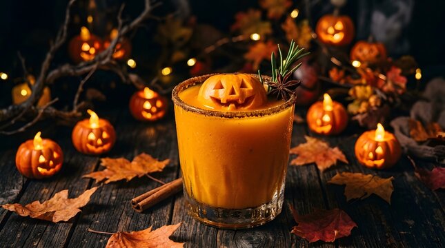 Halloween themed cocktail with ice and orange garnish in a glass in front of lit jack-o'-lantern decorations