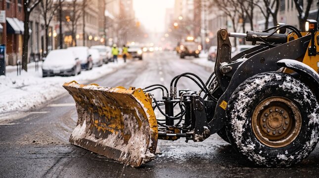 A heavy-duty snow plow clearing city streets during a cold winter storm in the city center