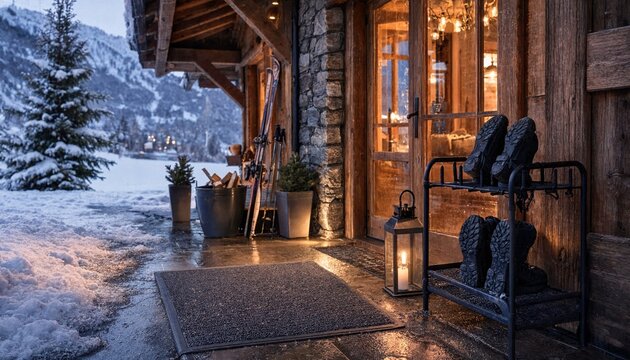 Cozy winter terrace of a wooden mountain chalet with ski equipment and candle lantern