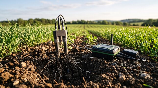 Digital soil sensor monitoring crop health and moisture levels in a vibrant green field