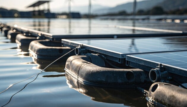 Floating solar panel farm on a calm lake reflecting sunlight for clean renewable energy
