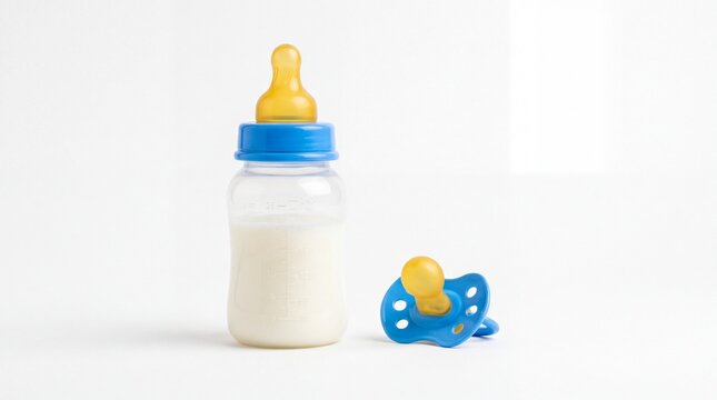 Plastic baby bottle with fresh milk and blue pacifier isolated studio shot on white background