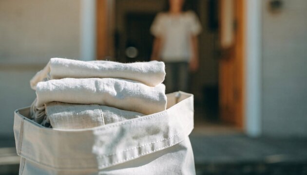 Folded white linen textiles sitting in a canvas basket near an open home entrance doorway