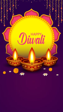 Happy Diwali Greeting Card with Decorative Diya Lamp and Traditional Indian Festival Design