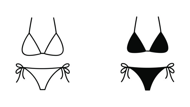 Bikini Set Illustration: A minimalist line art illustration featuring two bikini sets, one in white and the other in black, showcasing simple yet stylish swimwear designs for beach or pool wear.