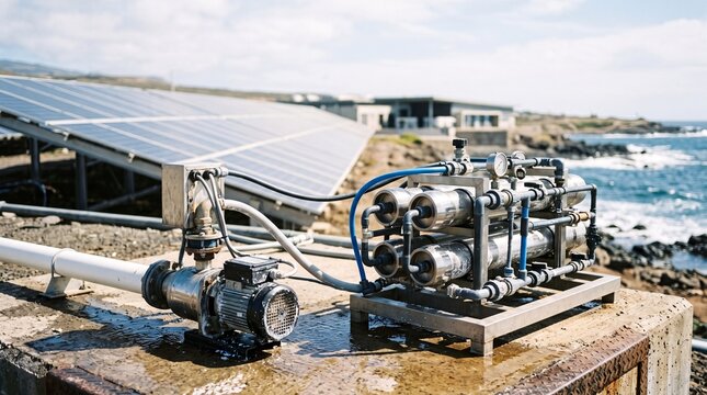 Industrial water purification system powered by solar panels on a coastal seaside setting