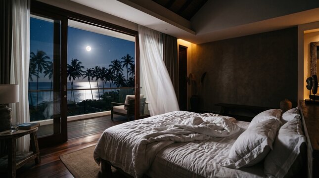 Luxurious oceanfront hotel suite featuring a comfortable king bed overlooking a night beach