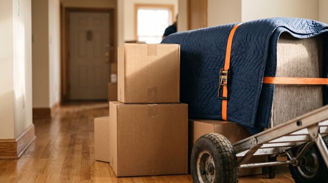 Moving furniture and cardboard boxes on a hand truck in a residential hallway at home