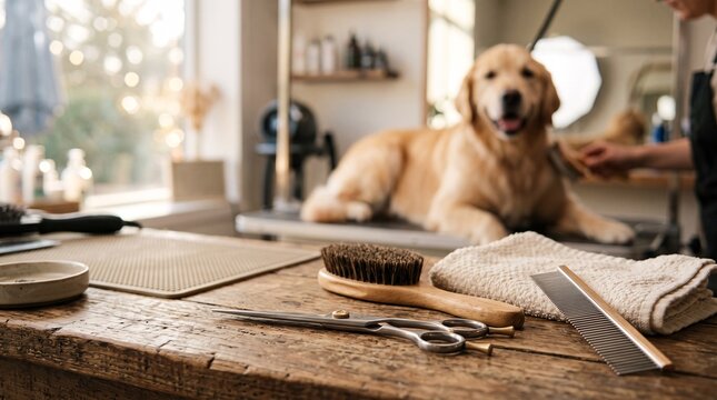 Professional grooming tools set on a wooden table with a dog getting groomed in the back