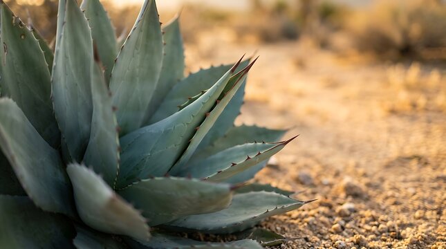 Close up of a blue agave succulent plant growing in the desert landscape during golden hour