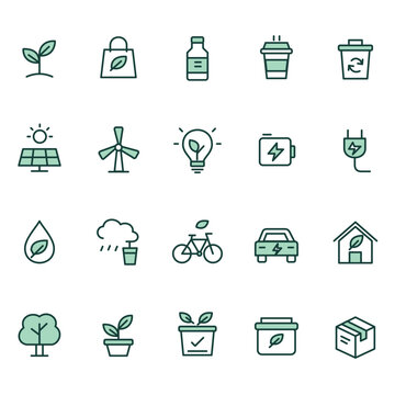Sustainable living icon set with green energy, recycling and reusable products