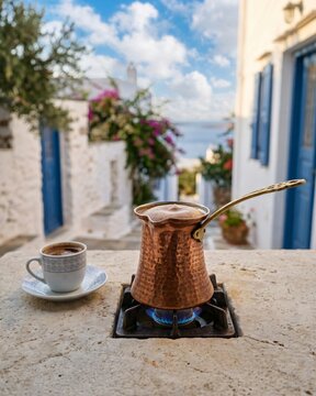 Traditional Greek Coffee Prepared in a Briki.