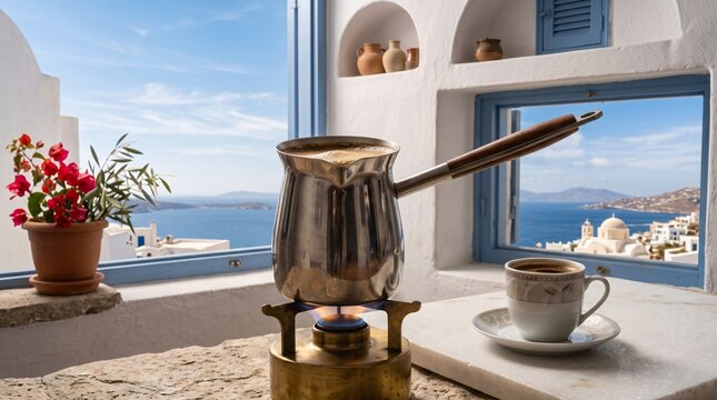 Traditional Greek Coffee Prepared in a Briki.