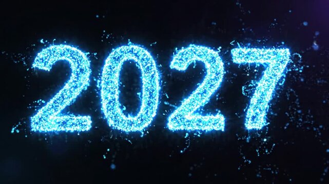 2027 Number Formed By Blue Water Splash Particles Explosion On Black