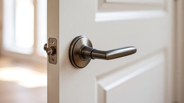 Push-down lever door handle with latch fitted into the recess of a clean interior door, photographed in bright natural light, door handle, latch mechanism, lever lock, interior hardware,