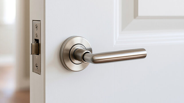 Push-down lever door handle with latch fitted into the recess of a clean interior door, photographed in bright natural light, door handle, latch mechanism, lever lock, interior hardware,