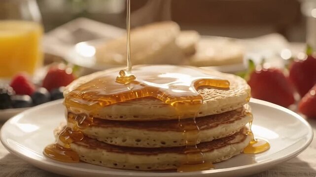 Honey drizzling onto stack of warm pancakes for breakfast