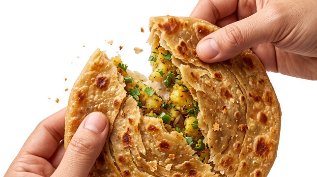 Aloo Paratha flatbread being torn by hands, traditional Indian stuffed bread with potato filling, golden crispy paratha with herbs isolated PNG with Transparent Background