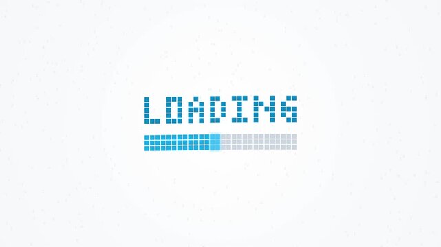 Digital Loading Screen with a Pixelated Progress Bar Displaying Binary Code on a Clean White Background Indicating Data Processing and Technological Advancement