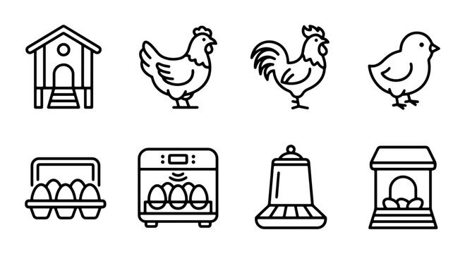 Farm Animal Icons: Chicken Coop, Hen, Rooster, Chick, Eggs, Incubator, Feeder, Nesting Box
