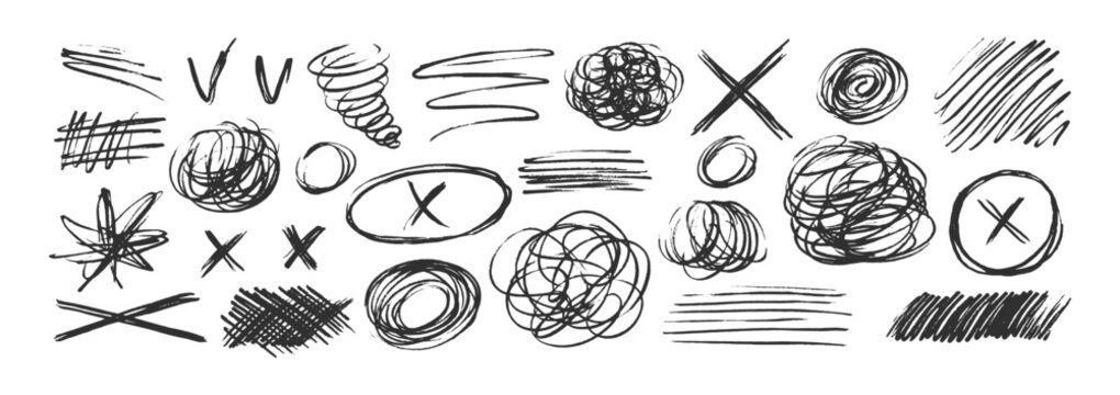 Hand-drawn pencil lines and black crayon strokes create textured highlights with doodle marks, brush effects, and sketchy pencil underlines for creative emphasis. Vector illustration.