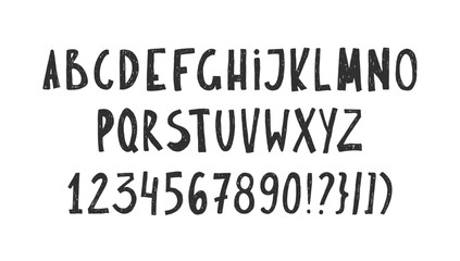 Obraz premium Handwritten calligraphy numbers and letters with brush strokes. Cute doodle font set featuring crayon texture, ideal for kids' educational materials and playful typography. Vector illustration.