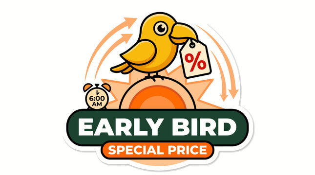 Flat Vector Early Bird Promotion Badge with Sunrise Bird and Forest Green Banner Design