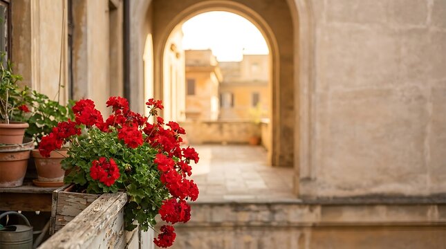 Vibrant red geraniums blooming in terracotta pots on a rustic balcony