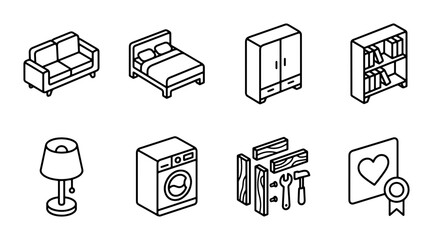 Fototapeta premium Isometric Furniture Icons Set, Home Decor Vector Graphics, Interior Design Elements, Vector Illustration