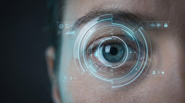 Macro human eye with digital security scanner interface overlay featuring biometric authentication icons and data analytics for secure access control and advanced cyber identity systems